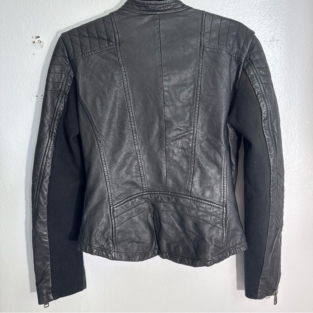 Superdry Black Leather Motorcycle Jacket Fitted Tailored - Picture 4 of 11